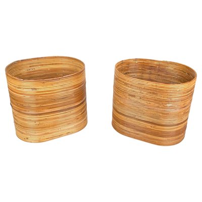 Mid-Century Oval Rattan and Bamboo Basket Plant Holders or Vases, Italy, 1960s, Set of 2-LYQ-1288547