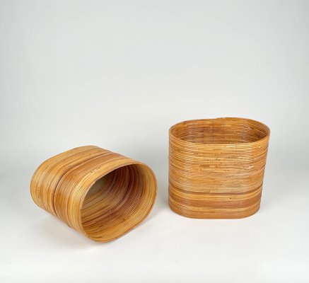 Mid-Century Oval Rattan and Bamboo Basket Plant Holders or Vases, Italy, 1960s, Set of 2-LYQ-1288547