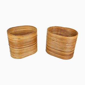 Mid-Century Oval Rattan and Bamboo Basket Plant Holders or Vases, Italy, 1960s, Set of 2-LYQ-1288547