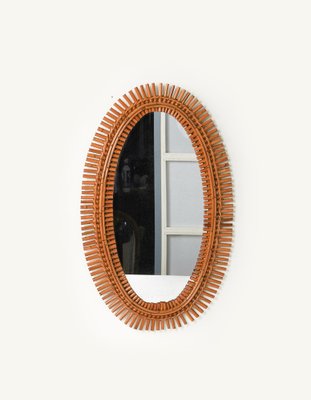 Mid-Century Oval Rattan and Bamboo Wall Mirror by Franco Albini, Italy, 1960s-LYQ-1736600