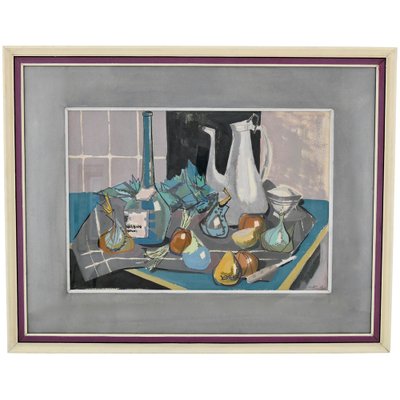 Mid-Century Painting, Still Life with Coffee Pot, Bottle and Fruit on a Table, Poulain, 1950-KTN-1028355