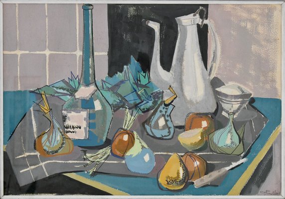 Mid-Century Painting, Still Life with Coffee Pot, Bottle and Fruit on a Table, Poulain, 1950-KTN-1028355