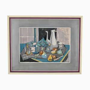 Mid-Century Painting, Still Life with Coffee Pot, Bottle and Fruit on a Table, Poulain, 1950-KTN-1028355