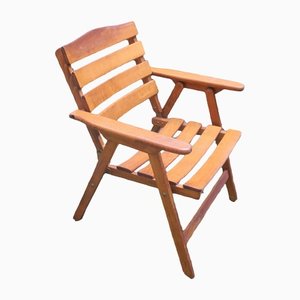 Mid-Century Patinated Wood Folding Garden or Patio Elbow Chair, 1960s-ED-1368095