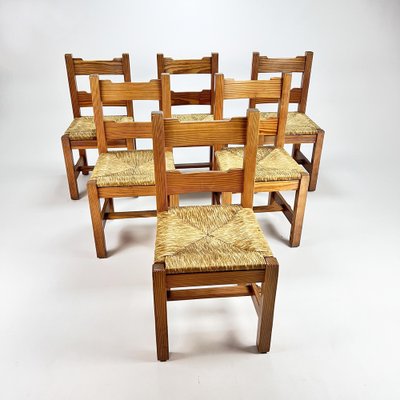 Mid-Century Pine and Rush Dining Chairs, Set of 6, 1960s-RMX-1219643