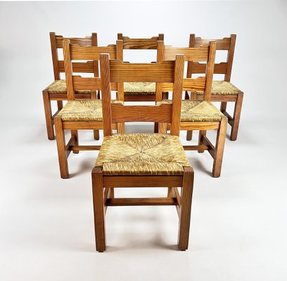 Mid-Century Pine and Rush Dining Chairs, Set of 6, 1960s-RMX-1219643