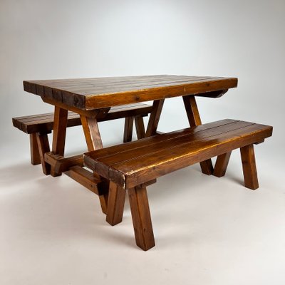 Mid-Century Pine Dining Set with One Table and Two Benches, 1960s, Set of 3-RMX-1153305