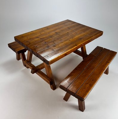 Mid-Century Pine Dining Set with One Table and Two Benches, 1960s, Set of 3-RMX-1153305