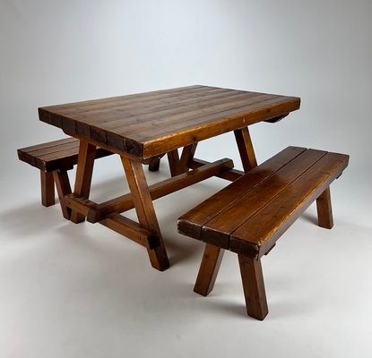 Mid-Century Pine Dining Set with One Table and Two Benches, 1960s, Set of 3-RMX-1153305