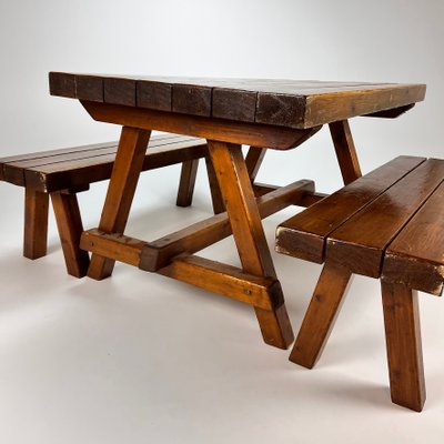 Mid-Century Pine Dining Set with One Table and Two Benches, 1960s, Set of 3-RMX-1153305