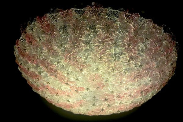 Mid-Century Pink and Ice Murano Glass Flowers Basket Ceiling Light-MBH-1031692