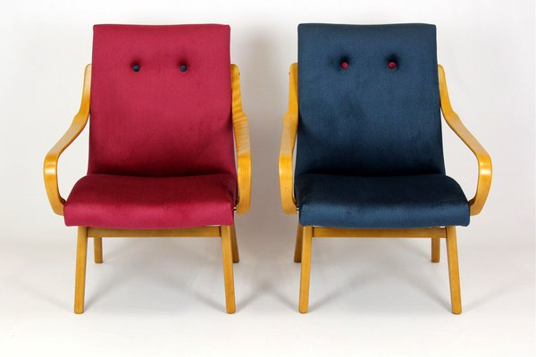 Mid-Century Pink & Blue Bentwood Armchairs attributed to Jaroslav Smidek for TON, 1960s, Set of 2-WVS-1700249