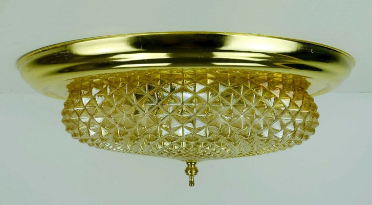 Mid-Century Plafoniere Amber Glass Structure Brass Ceiling Lamp, 1970s-FH-958235