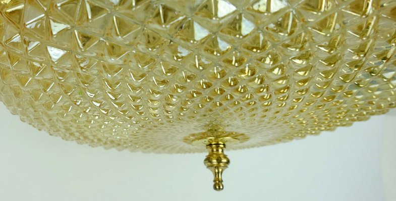 Mid-Century Plafoniere Amber Glass Structure Brass Ceiling Lamp, 1970s-FH-958235