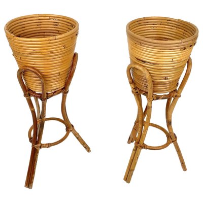 Mid-Century Planters in Rattan & Bamboo, Italy, 1960s, Set of 2-LYQ-1268978