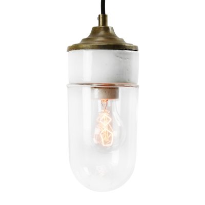 Mid-Century Porcelain, Clear Glass, and Brass Ceiling Lamp-BLS-559818