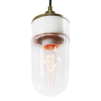 Mid-Century Porcelain, Clear Glass, and Brass Ceiling Lamp-BLS-559818