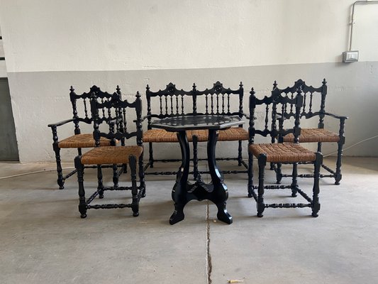 Mid-century Portuguese Black Painted Wood and Straw Living Room Set, 1960s, Set of 6-DHH-669479