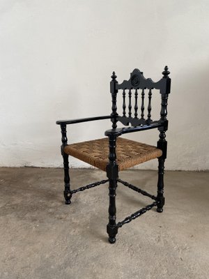 Mid-century Portuguese Black Painted Wood and Straw Living Room Set, 1960s, Set of 6-DHH-669479