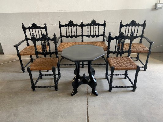 Mid-century Portuguese Black Painted Wood and Straw Living Room Set, 1960s, Set of 6-DHH-669479