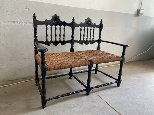 Mid-century Portuguese Black Painted Wood and Straw Living Room Set, 1960s, Set of 6-DHH-669479