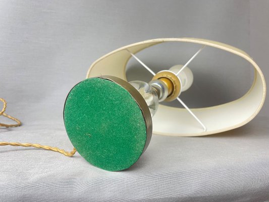 Mid-Century Portuguese Brass Table Lamp with Oval Cream Silk Lampshade, 1960s-SCS-1805367