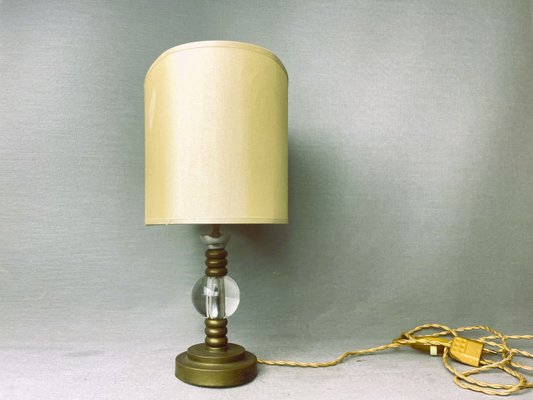 Mid-Century Portuguese Brass Table Lamp with Oval Cream Silk Lampshade, 1960s-SCS-1805367