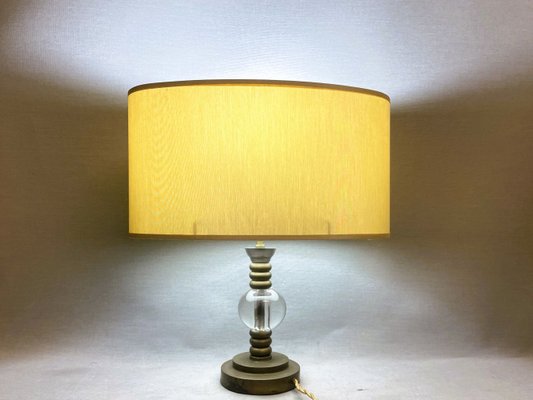 Mid-Century Portuguese Brass Table Lamp with Oval Cream Silk Lampshade, 1960s-SCS-1805367