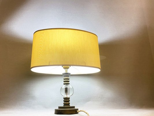 Mid-Century Portuguese Brass Table Lamp with Oval Cream Silk Lampshade, 1960s-SCS-1805367