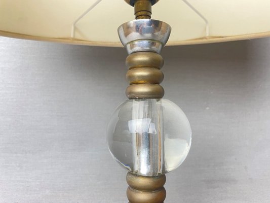 Mid-Century Portuguese Brass Table Lamp with Oval Cream Silk Lampshade, 1960s-SCS-1805367