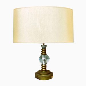 Mid-Century Portuguese Brass Table Lamp with Oval Cream Silk Lampshade, 1960s-SCS-1805367