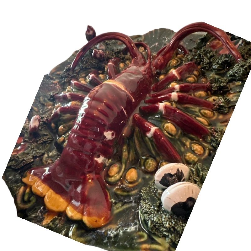 Mid-Century Portuguese Porcelain Plate with a Sculpture of a Lobster by F. Mendes for Caldas, Portugal