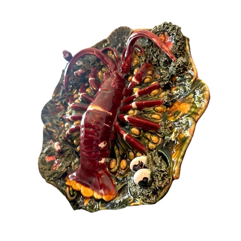 Mid-Century Portuguese Porcelain Plate with a Sculpture of a Lobster by F. Mendes for Caldas, Portugal