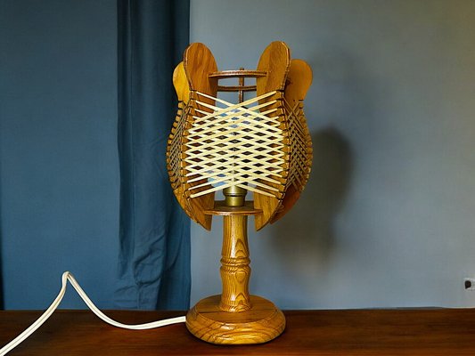 Mid-Century Portuguese Wood and Starw Wooden Bedside Table Lamp, 1960s-SCS-2041341