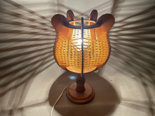 Mid-Century Portuguese Wood and Starw Wooden Bedside Table Lamp, 1960s-SCS-2041341