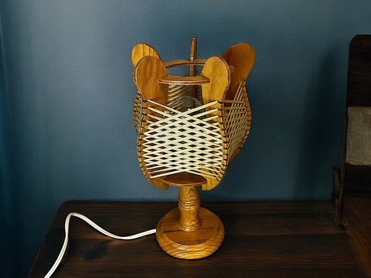 Mid-Century Portuguese Wood and Starw Wooden Bedside Table Lamp, 1960s-SCS-2041341