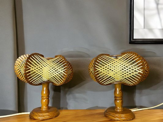 Mid-Century Portuguese Wood and Straw Bedside Table Lamps, 1960s, Set of 2-SCS-2041327