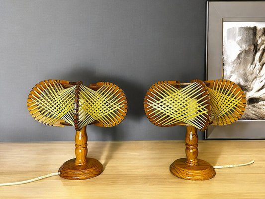 Mid-Century Portuguese Wood and Straw Bedside Table Lamps, 1960s, Set of 2-SCS-2041327