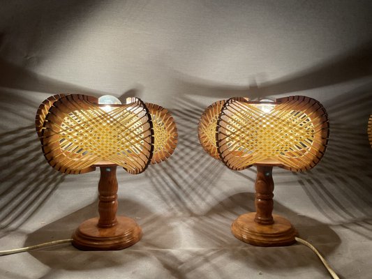 Mid-Century Portuguese Wood and Straw Bedside Table Lamps, 1960s, Set of 2-SCS-2041327