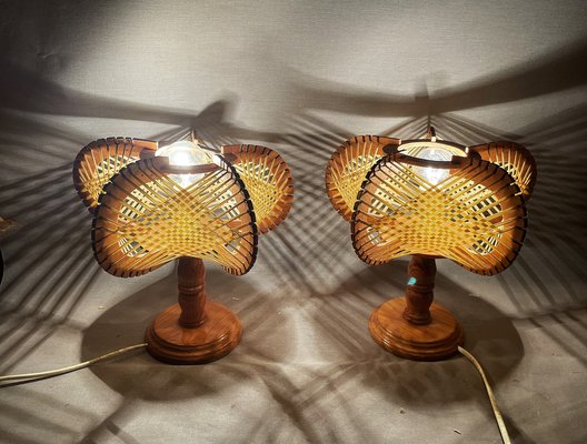 Mid-Century Portuguese Wood and Straw Bedside Table Lamps, 1960s, Set of 2-SCS-2041327