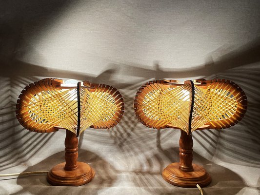 Mid-Century Portuguese Wood and Straw Bedside Table Lamps, 1960s, Set of 2-SCS-2041327