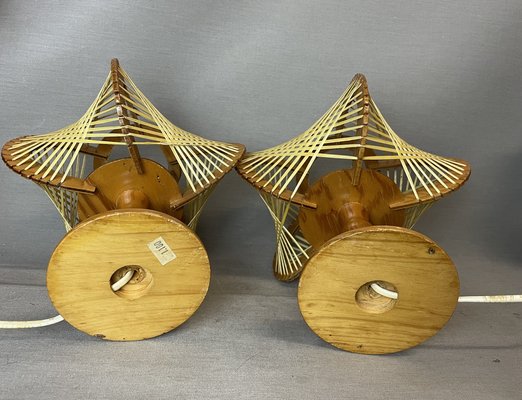 Mid-Century Portuguese Wood and Straw Bedside Table Lamps, 1960s, Set of 2-SCS-2041327