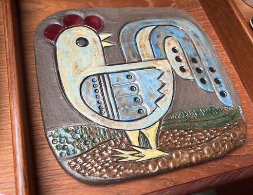 Mid-Century Pottery Wall Plaque with Chicken Rooster Decor, 1960s-UAH-1812437