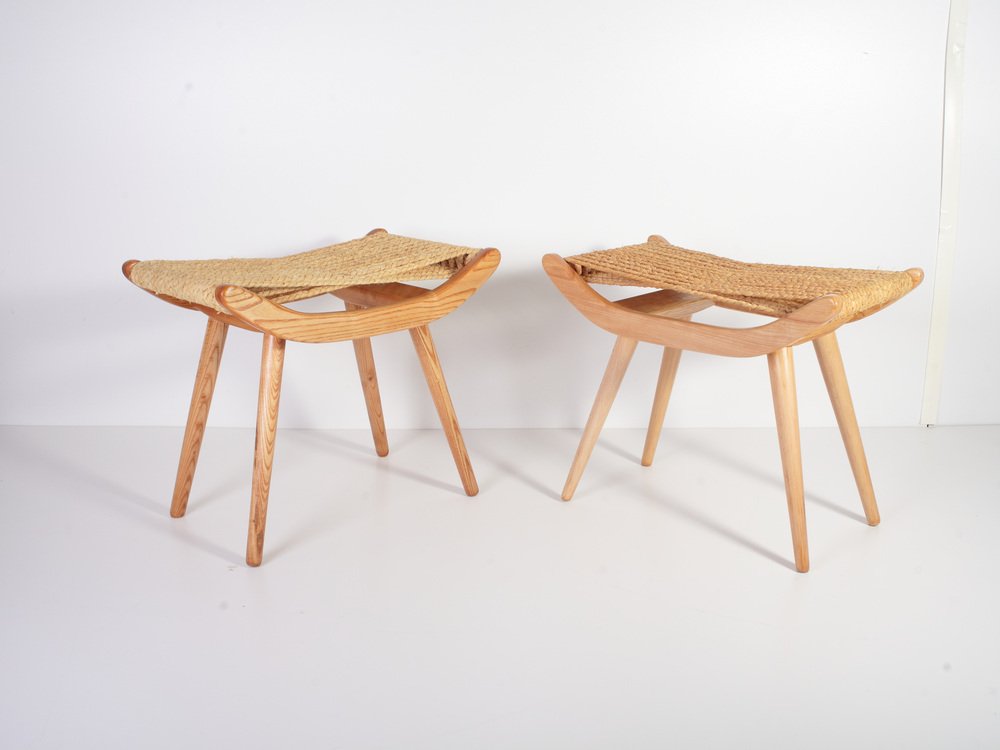 Mid-Century Raffia Stools from Uluv, 1960s, Set of 2