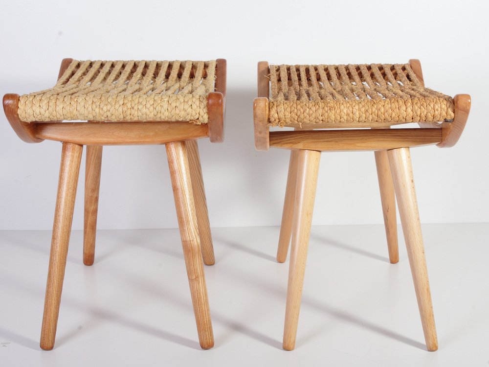 Mid-Century Raffia Stools from Uluv, 1960s, Set of 2