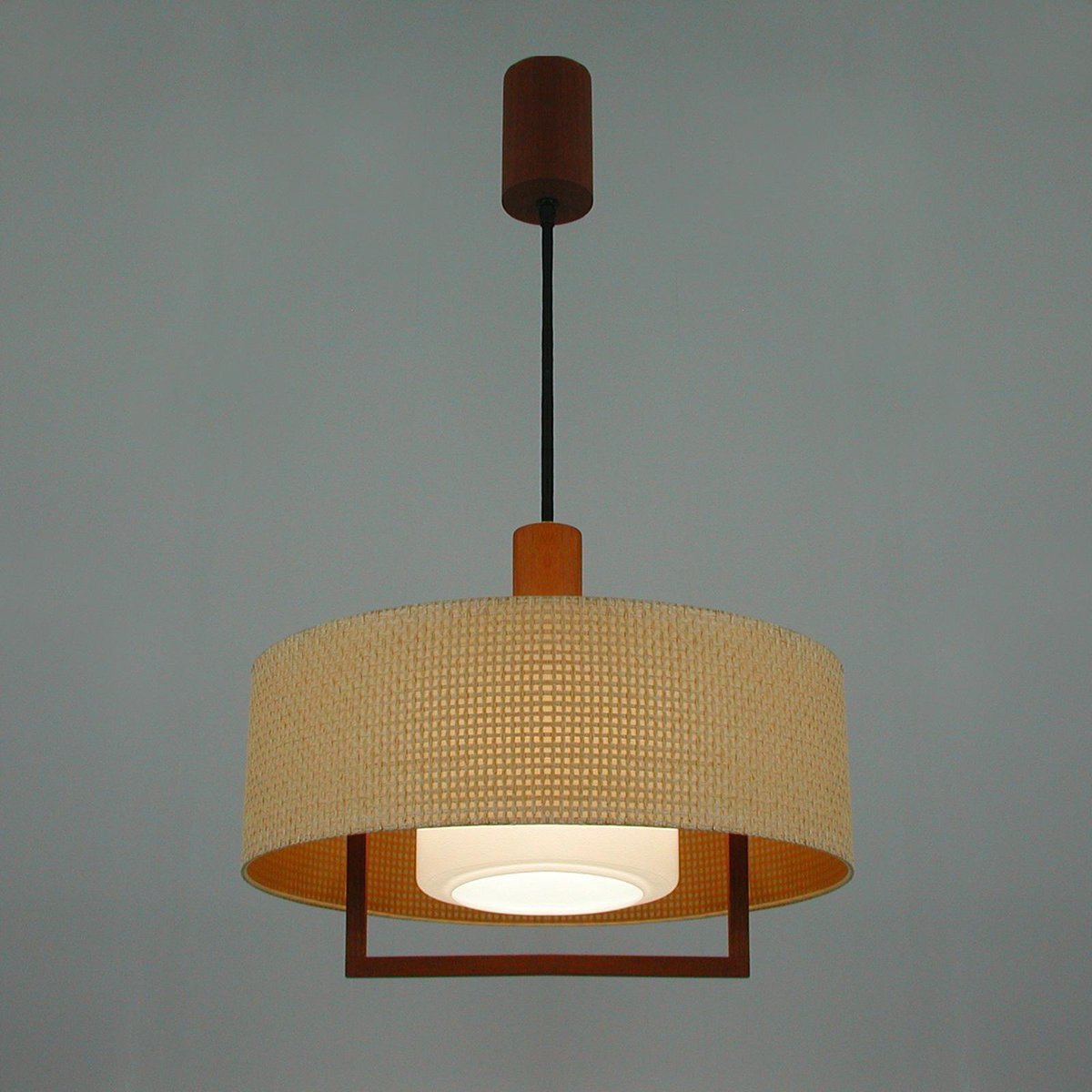 Mid-Century Raffia Teak and Milk Glass Pendant from Temde, Switzerland, 1960s