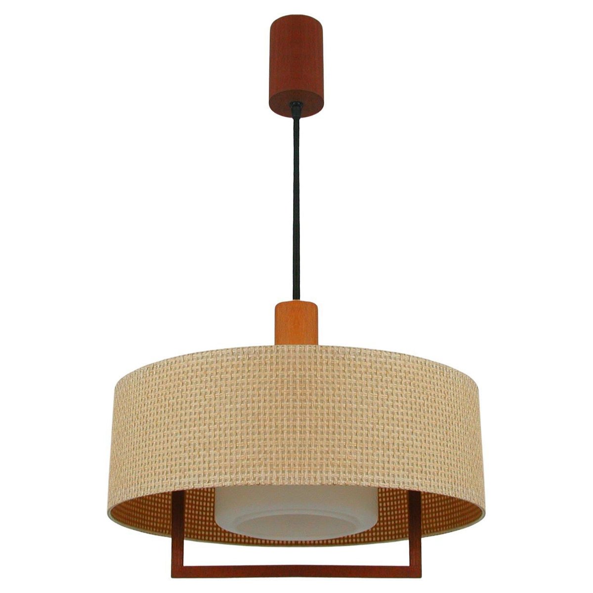 Mid-Century Raffia Teak and Milk Glass Pendant from Temde, Switzerland, 1960s