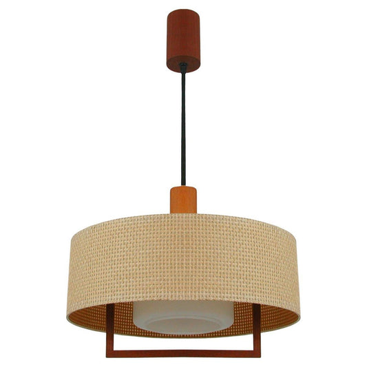 Mid-Century Raffia Teak and Milk Glass Pendant from Temde, Switzerland, 1960s