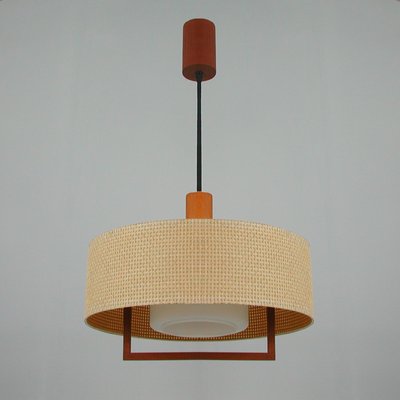 Mid-Century Raffia Teak and Milk Glass Pendant from Temde, Switzerland, 1960s-OE-1290411