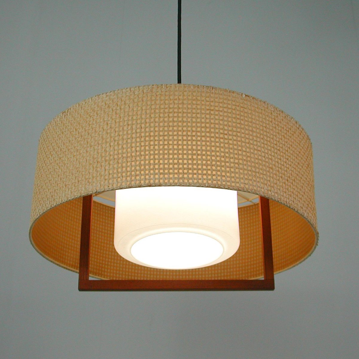 Mid-Century Raffia Teak and Milk Glass Pendant from Temde, Switzerland, 1960s